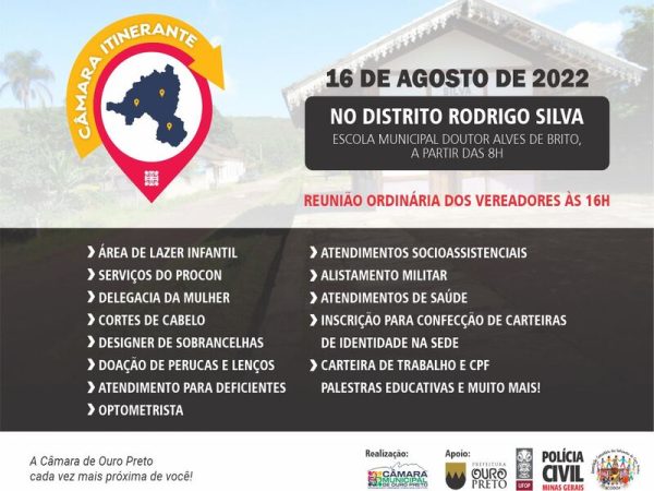 Câmara Municipal de Ouro Preto - Rodrigo Silva será o próximo distrito a receber a Câmara Itinerante