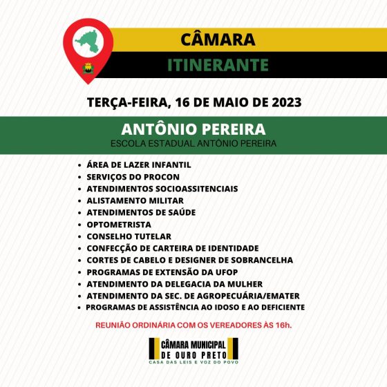 Programa Câmara Itinerante será realizado em Antônio Pereira