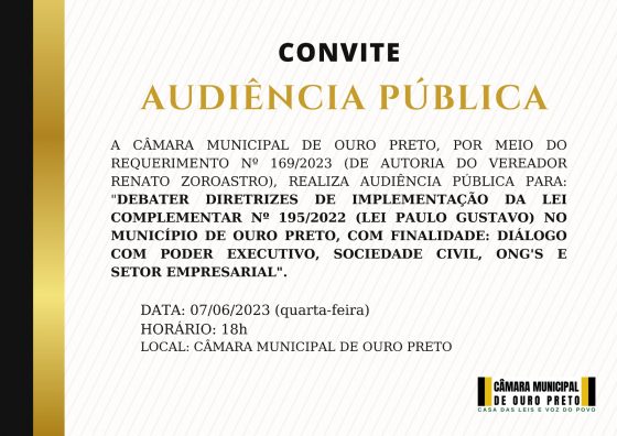 Audiência Pública: Debater diretrizes de implementação da Lei Complementar nº 195/2022 (Lei Paulo Gustavo) no município de OP