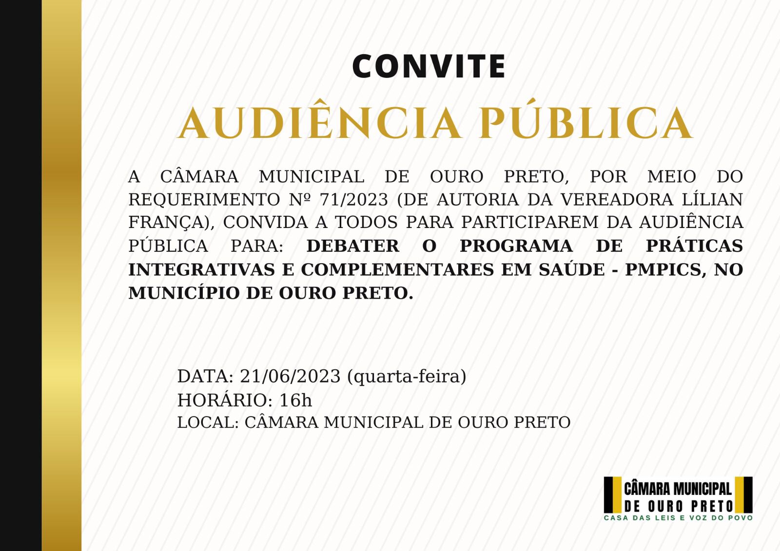 Câmara Municipal de Ouro Preto - Audiência Pública: debater o Programa de Práticas Integrativas e Complementares em Saúde, no município de Ouro Preto