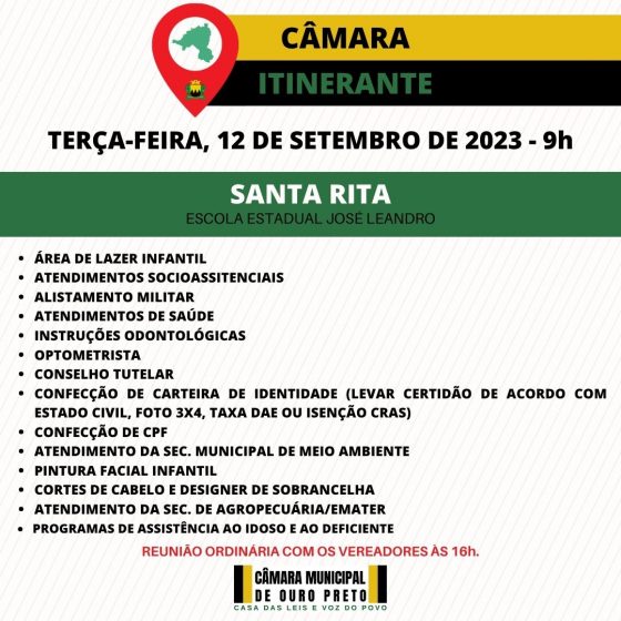 Programa Câmara Itinerante será realizado em Santa Rita de Ouro Preto