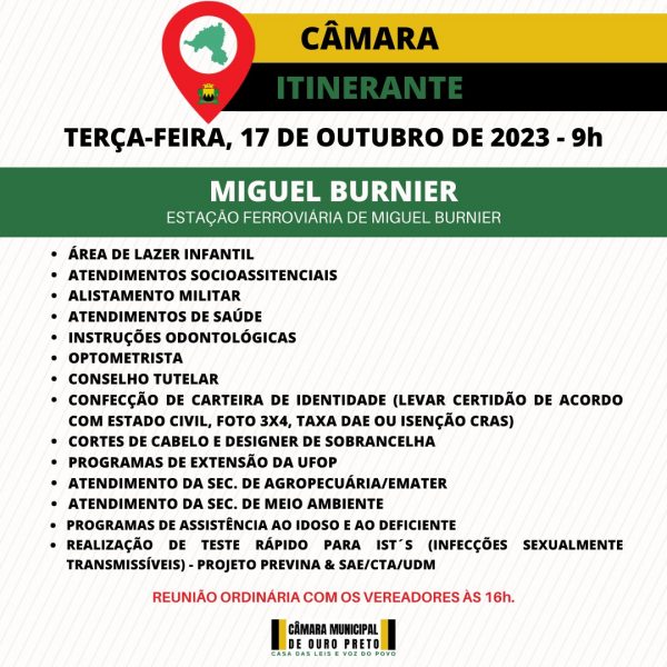 Câmara Municipal de Ouro Preto - Programa Câmara Itinerante será realizado em Miguel Burnier